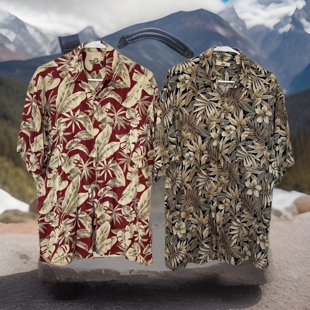 2* Men's Palm Print Hawaiian vacation Button Dwn Shirt lot M Made in Korea Y2K